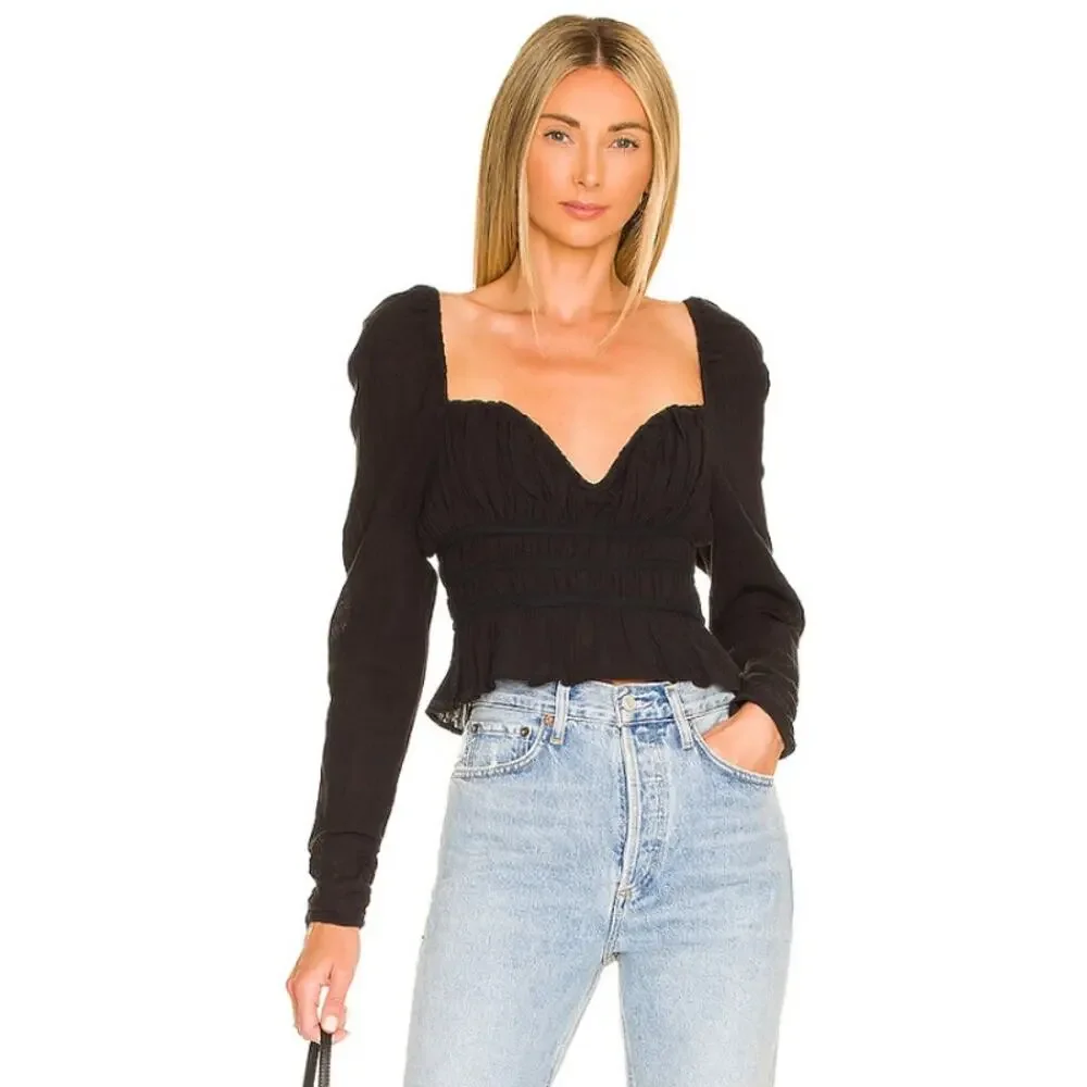Free People Chloe Top Sweetheart Ruffle Smocked Puff Sleeve Blouse NWT